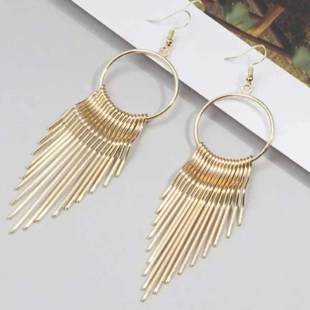 Gold Tassel Hoop Drop Long Statement Earrings